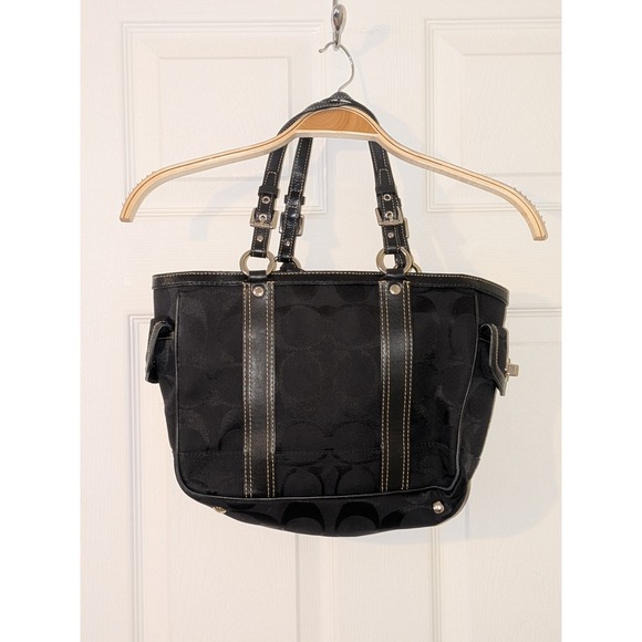 Coach Black Signature Canvas Satchel Purse Top Handle Handbag‎ Tote - Picture 1 of 11